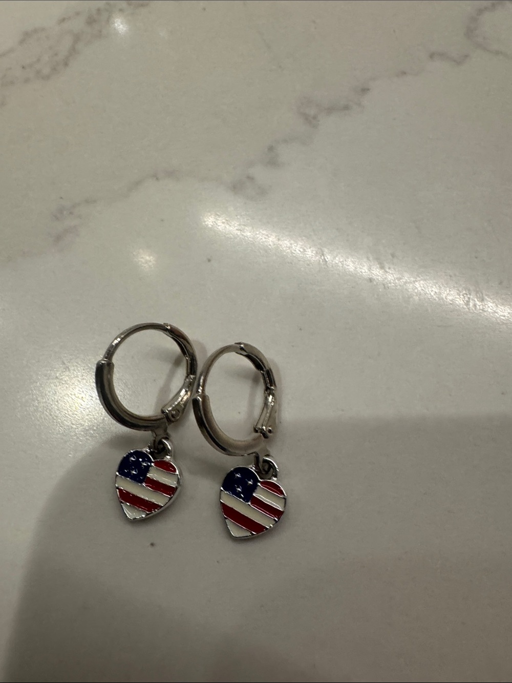 Silver Hoop Earrings with American Flag Heart Charm - Red, White & Blue